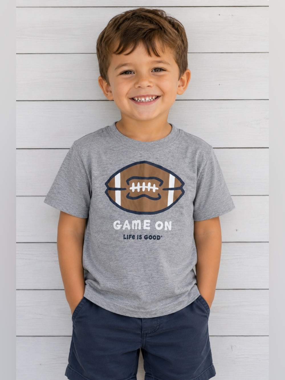 Life Is Good Gray Tee with Tan & Navy Football Artwork